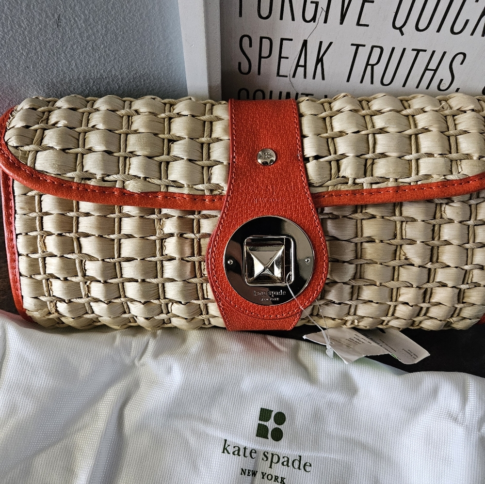 Kate Spade Ava Woven Straw Clutch with Orange Trim NWT - Picture 4 of 6